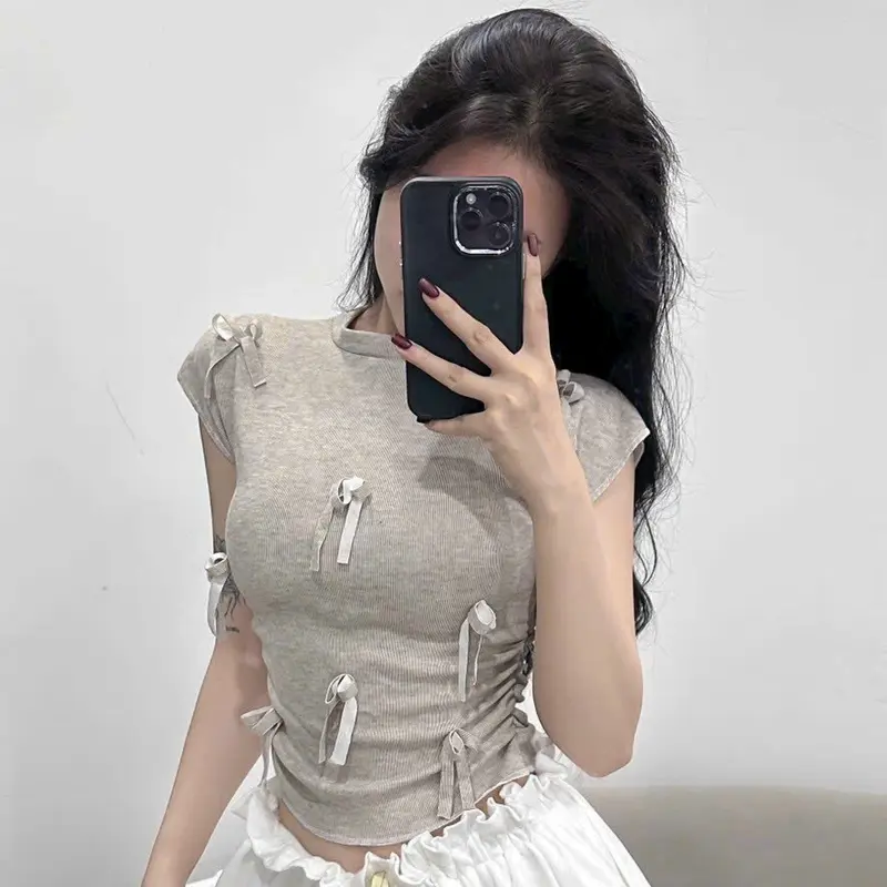 Áo thun nữ cổ cao tay hến đính nơ, bo chun hai bên eo - Women, Top 1