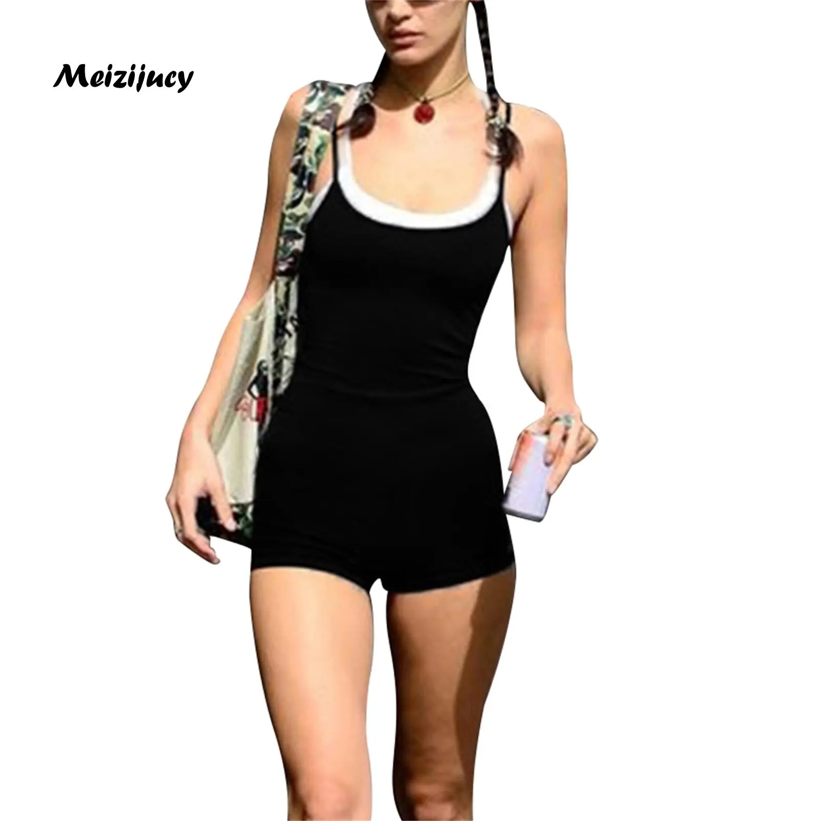 SS24 Meizijucy New Women Sleeveless Shorts Jumpsuits Summer Casual Contrast Color Camisole Bodysuit Playsuit Clubwear Skin Friendly Hot Sale