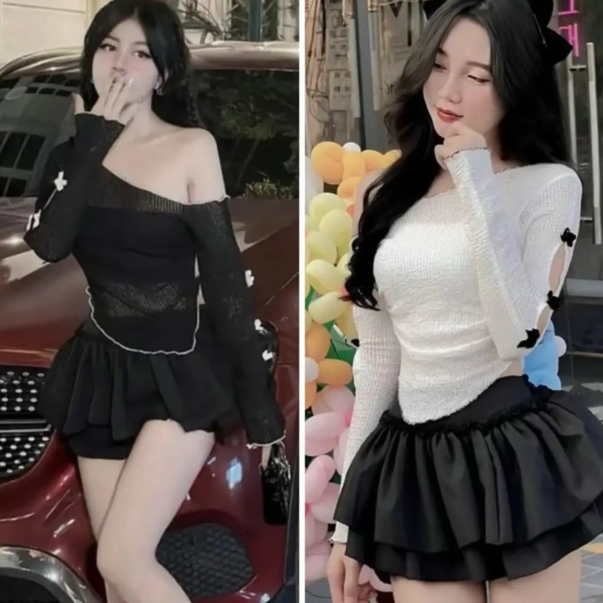 MÈO MỠ BIGSIZE - SET ÁO NƠ LỆCH VAI KÈM CHÂN VÁY BIGSIZE 60-90kg tay dài