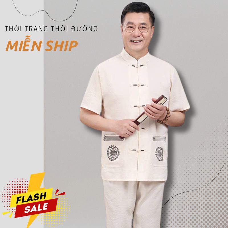 B4 Bộ Đũi Nam Áo Cộc Tay Cổ Tàu Quần Chun Ống Suông Chất Đũi,đi chơi đi lễ đi chùa Menswear có thể giặt máy đục lỗ trọng lượng m 110 đồ habibi bomac dichua set đồ hè