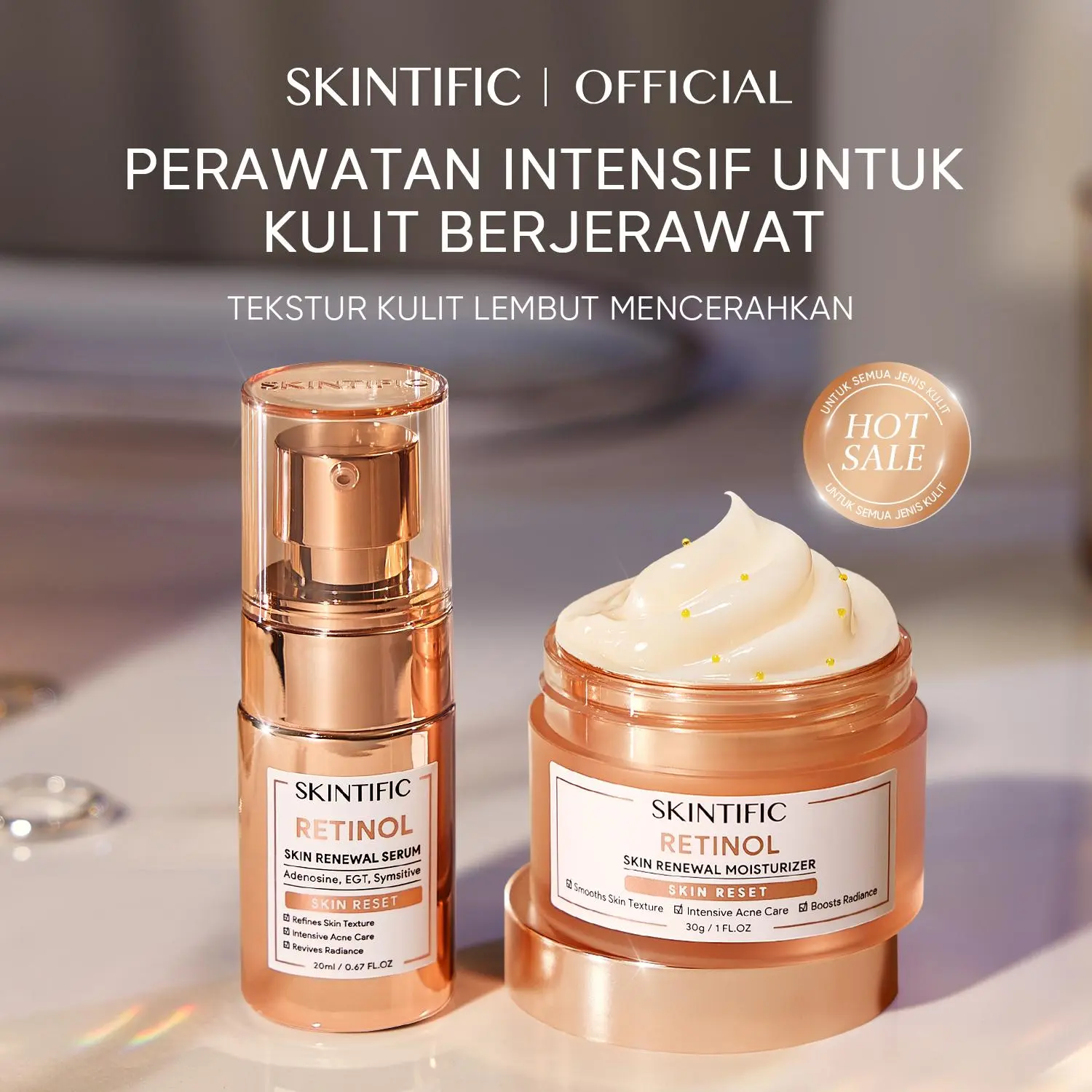 SKINTIFIC Retinol 2pcs Set Retinol Skin Renewal Serum 20ml+Retinol Skin Renewal Moisturizer 30g Retinoid Memudarkan Garis Halus Memudarkan Kerutan Menghaluskan Tekstur Kulit Anti Aging Menyamarkan Garis Halus Meratakan Warna Kulit Merawat Kulit