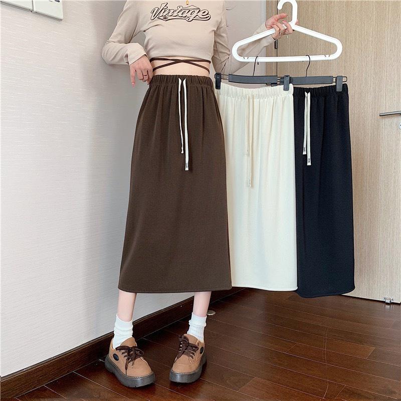Chân Váy Midi Nữ Dây Buộc Vải Nhung Tăm Cạp Chun Dáng Dài 3 Màu Women
