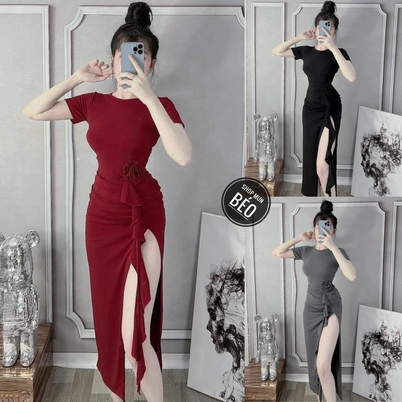 Đầm body cổ tròn tay ngắn xẻ đùi đính hoa chất thun lazzon co giãn thích hợp mặc đi tiệc đi làm đi chơi