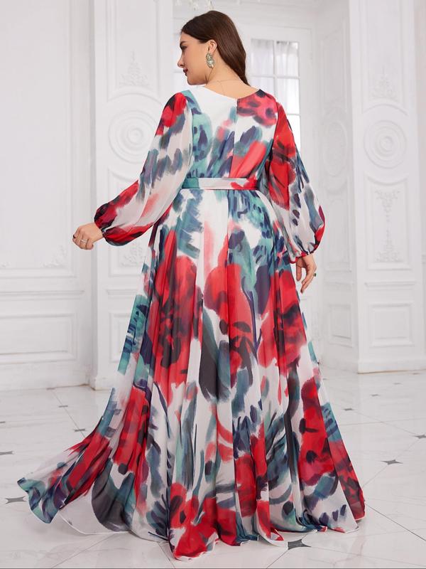 【Plus Size】 All Over Print Chiffon Dress, Elegant Evening Party Gown, Women's Clothes for Spring & Fall, Womenswear 1