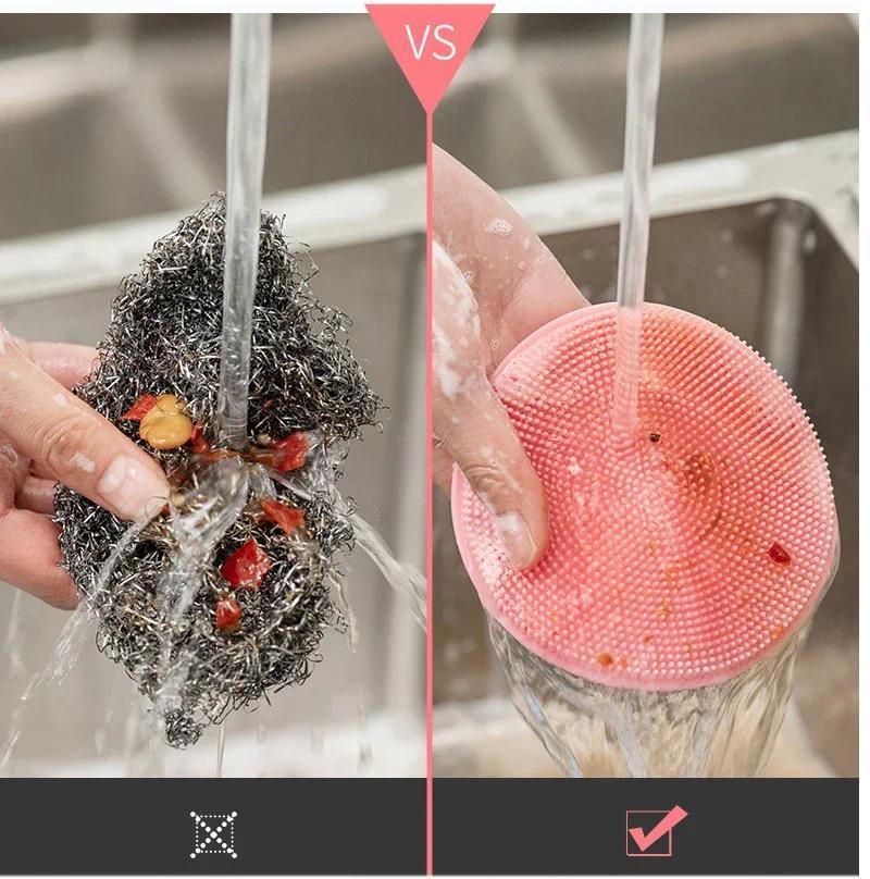 Product Introduction of 3Pcs Kitchen Cleaning Brush Silicone Dishwashing Brush Fruit Vegetable Cleaning Brushes Pot Pan Sponge Scouring Pads Table Mat 7