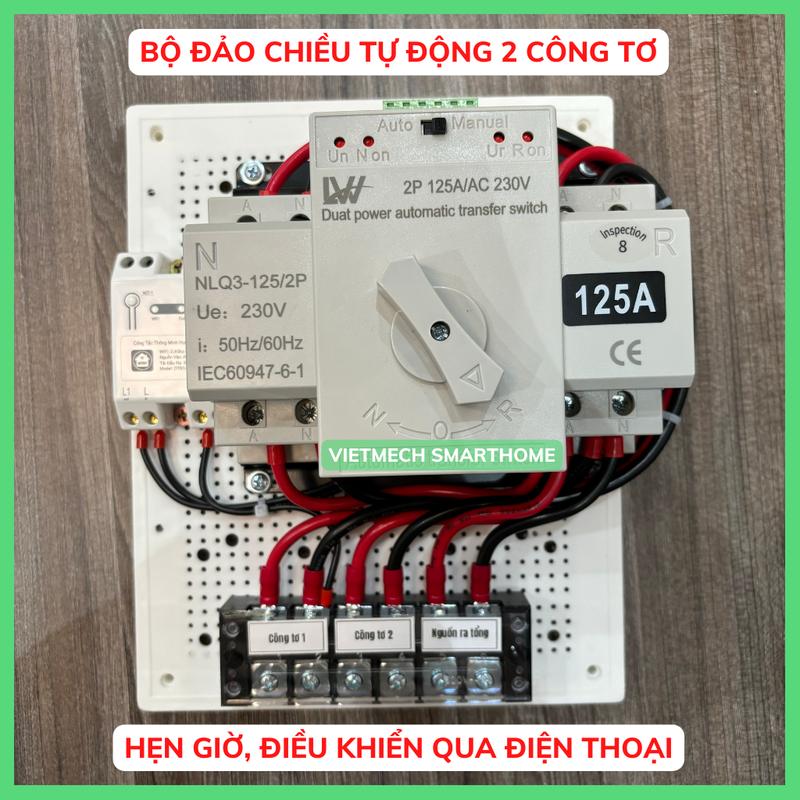 [125A Điều khiển bằng điện thoại] Bộ Đảo Nguồn Tự Động 2 Công Tơ công suất 125A | Hẹn Giờ, Điều Khiển Qua Điện Thoại, đảo nguồn tự động cho 2 công tơ điện thay thế cầu dao đảo chiều | Tặng kèm bút thử điện