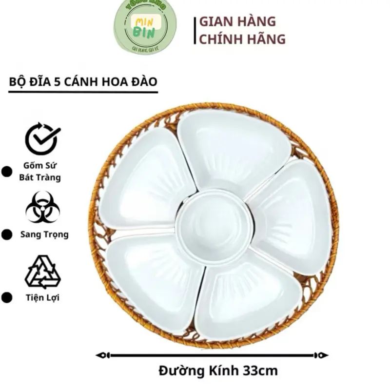 Bộ Bát Đĩa 5 Cánh Hoa Đào Sứ Bát Tràng Kèm Khay Mây Siêu Đẹp,Bộ Bát Bánh Trôi Size To 33cm, Bộ bát đĩa cúng bàn thờ Thần Tài tô tiểu 0