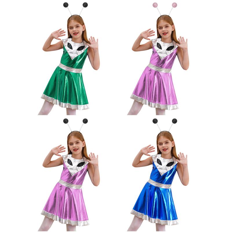 TiaoBug 2Pcs Girls Alien Space Outfit Metallic Sleeveless Dance Dress Astronauts Cosplay Costume 1