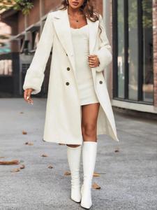 Women's Solid Contrast Faux Fur Long Sleeve Double Breasted Overcoat, Elegant Button Front Long Outerwear for Fall & Winter, Office Outfits Women, Winter Clothes Women