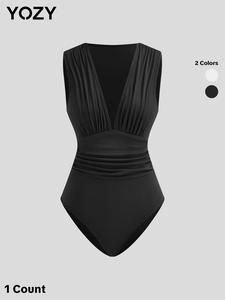 YOZY Women's Solid Ruched Deep V Neck Ribbed Bodysuit, Casual Sleeveless Bodysuit for Daily Wear, Ladies Clothes for All Seasons