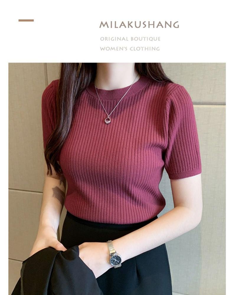 Product Introduction of Áo Dệt Kim, Dáng Ôm, Áo ngắn Tay, Áo Chui Đầu Nữ, Có Thể Mặc Bên Trong, Ngắn, Hàng Mới Về Mùa Hè 2024, Áo Sơ Mi Lớp Nền Cổ Tròn 9