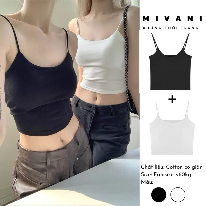 (Combo 2 chiếc) Áo croptop 2 dây sợi bún ( có mút ngực ) cao cấp MIVANI chất liệu cotton hai lớp
