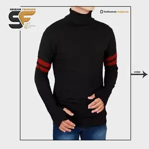 Sweater Rajut Pria Turtleneck Striphand Slim-fitting kerah tebal knitwear  panjang