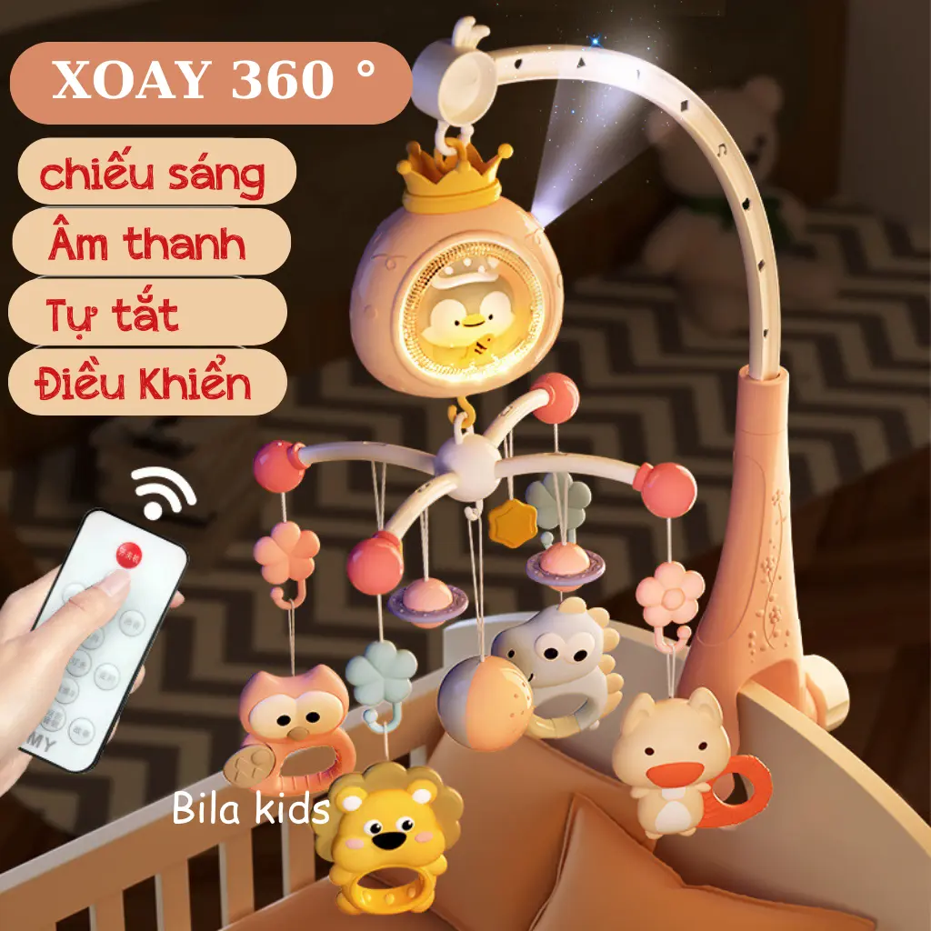 Treo nôi cũi cho bé xoay 360 độ kích thích thị giác có hộp nhạc, đèn chiếu hình kèm điều khiển cho bé