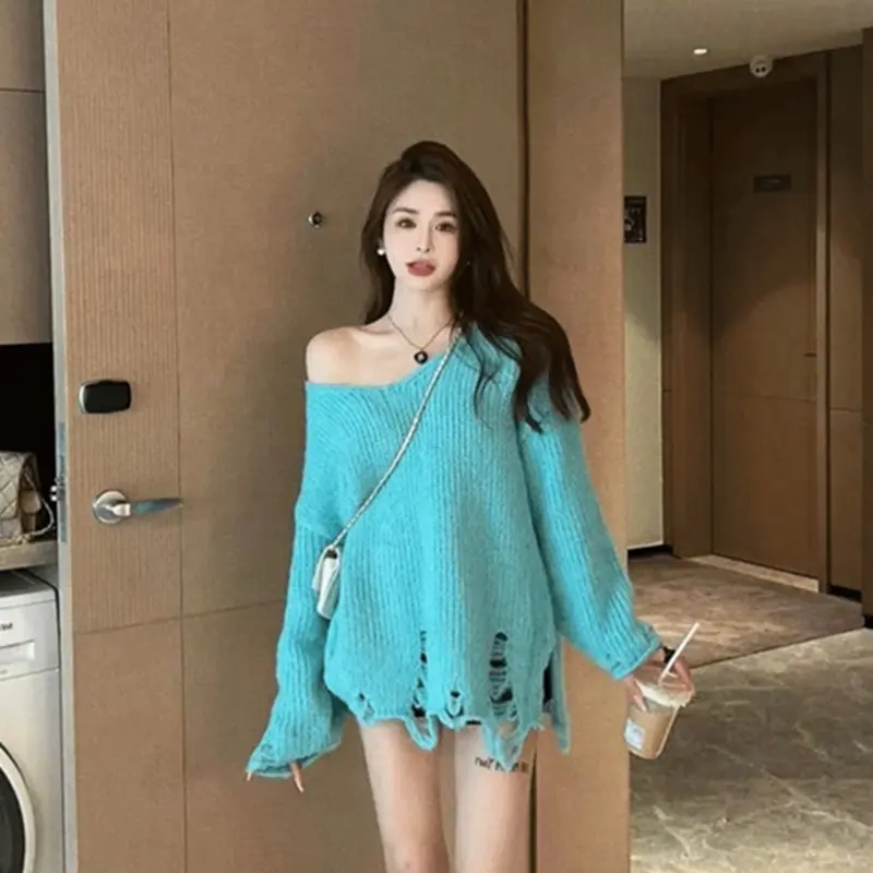 Áo Len Phong Cách Lười Biếng, Thiết Kế Đẹp, Dáng Rộng, Thường Ngày, Đơn Giản, Thanh Lịch, Dài Trung Bình, Có Lỗ, Áo Dệt Kim, Hợp Thời Trang