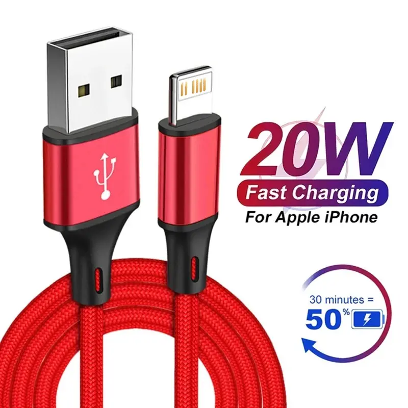 Ultra Long Fast Charging USB Cable for iPhone 14 8 7 Plus 13 12 11 Pro Max XS XR X 3A 20W USB Charger Data Cable Braided Wire