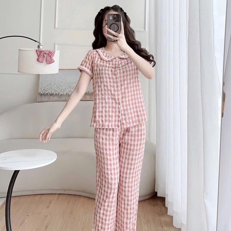 (38kg-68kg) Đồ bộ kẻ sọc quần dài cho Nữ, cổ sen phối ren vải kẻ lông mềm hàng thiết kế phối bèo bigsize Women Top Áo Quần Ngủ 9