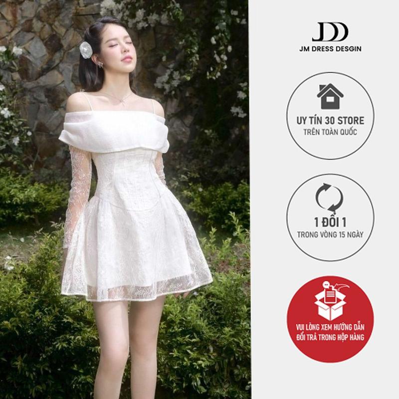 Đầm trễ vai corset chân xòe nhún sườn 1P03.2505L, Thiết kế váy đi tiệc ren – voan phối corset sang chảnh JM Dress Design