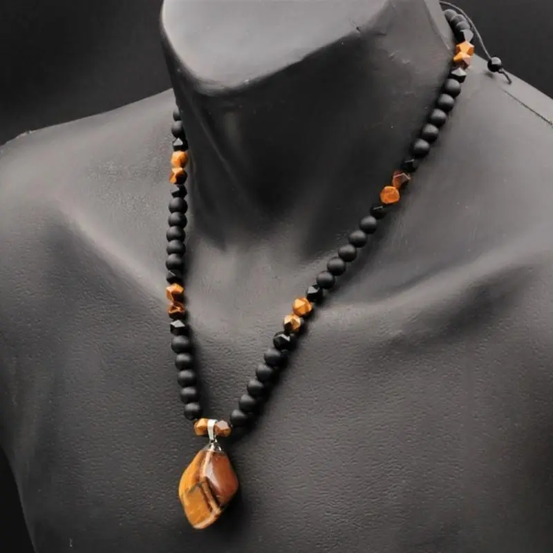 Long Adjustable Big Raw Tiger Eye Pendant Beads Necklace for Men with Black Onyx Beaded Chain - Protective Christmas Gift