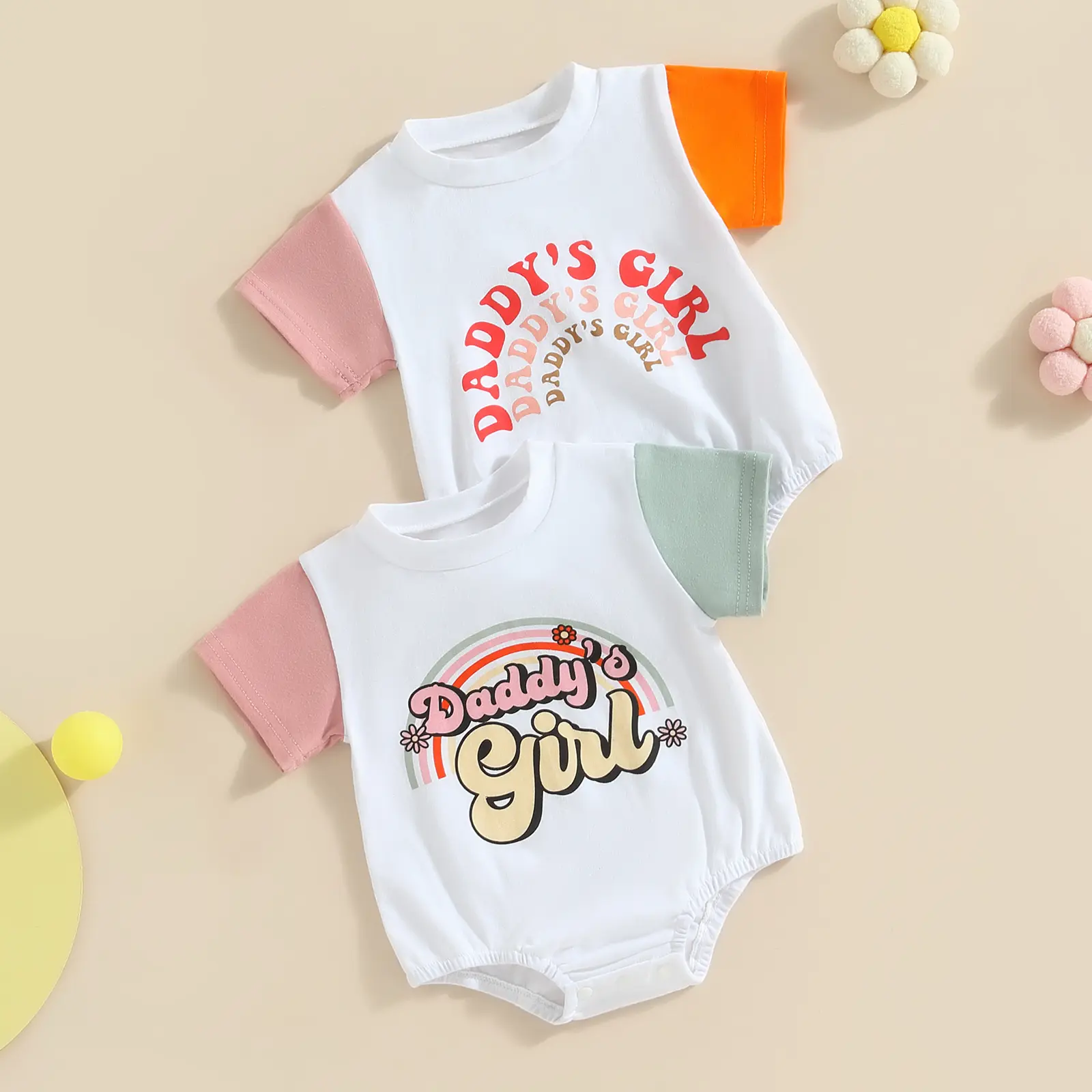 Baby Girl Father’s Day Romper, Short Sleeve Contrast Color Letter Print Newborn Bodysuit