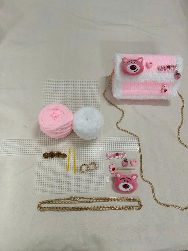 Bộ Nguyên Liệu Túi Len Tự Đan DIY Sticker Gấu Dâu (Có hướng dẫn đan chi tiết) Handmade