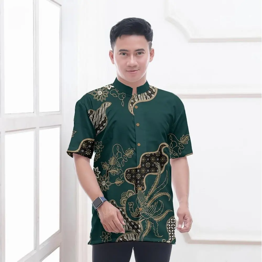 Koko Kurta Shirt for Men Baju Raya 2025 Ramadhan Muslim Shirt, Breathable and Comfortable Fabric 3D Printing Pattern Lapel Short Sleeve Men's Formal Shirt