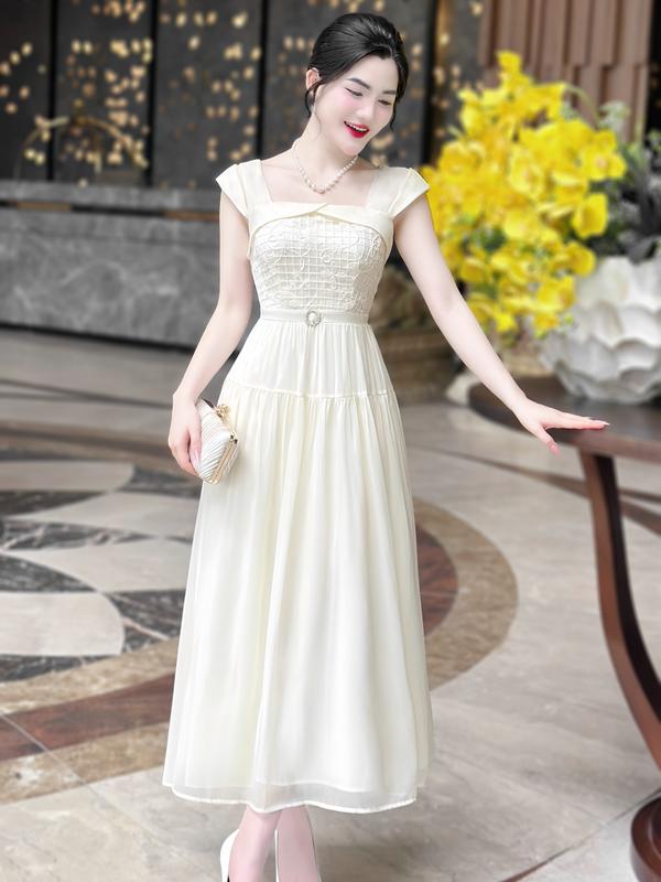 [MIỄN SHIP] MDU4048 Váy với chất liệu Tơ óng cao cấp - Thiết Kế Dáng Dài Thanh Lịch Dành Cho Nữ Women Dress  Kem 2