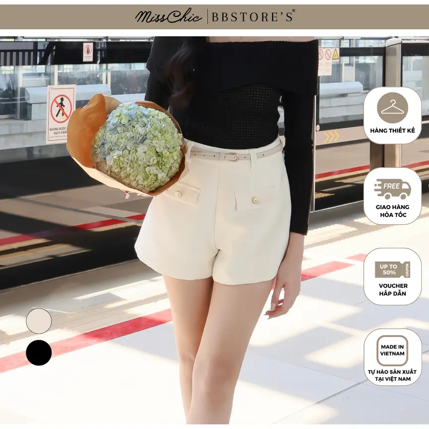 Quần Shorts Nữ Ngắn Phối Túi Trước Lưng Cao Có Đĩa Chất Bố Gân MissChic x BBSTORE'S -Q4245T