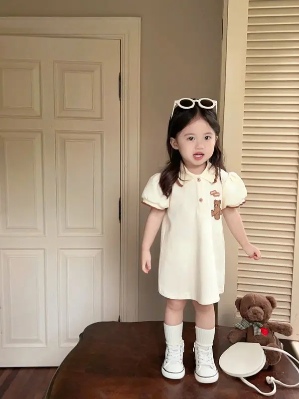 V023 - Váy Polo Thêu Gấu Dáng Xuông Cổ Viền Nâu Bé Gái (8-29kg) 2