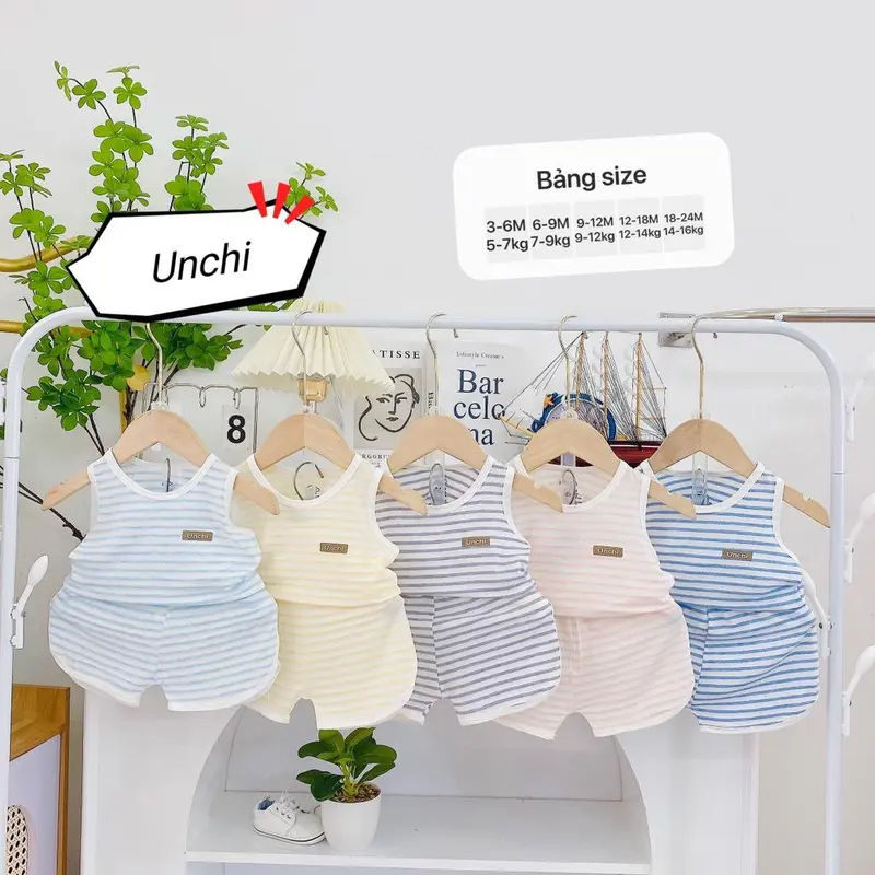 (Bl04) Bộ quần áo ba lỗ chất liệu gỗ sồi mềm mát hàng unchi cho bé trai, bé gái 0