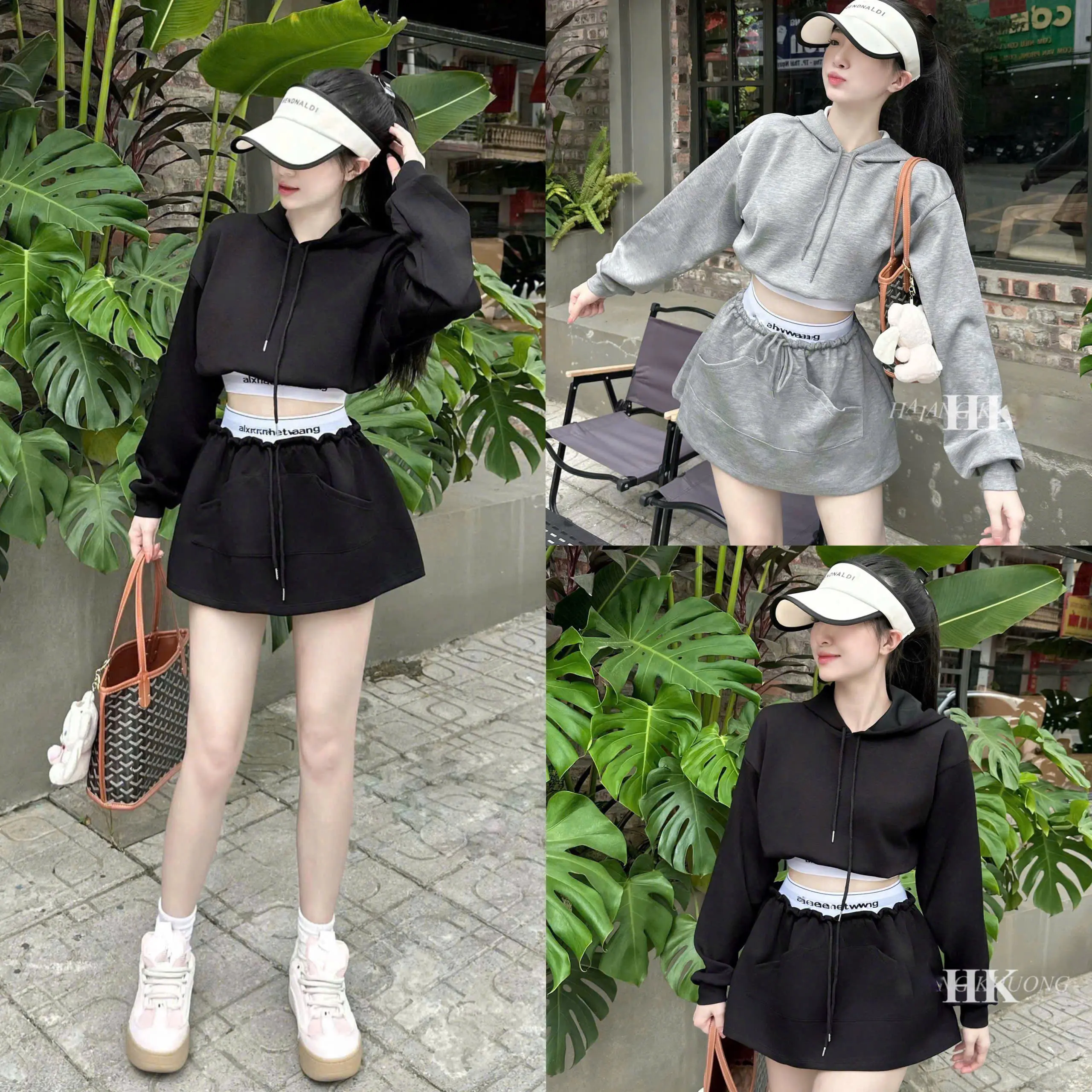 Set Áo Dài Tay Có Mũ Croptop Mix Chân Váy Chữ A Cạp Chun Chữ Chất Liệu Nỉ 2 Da Ms94