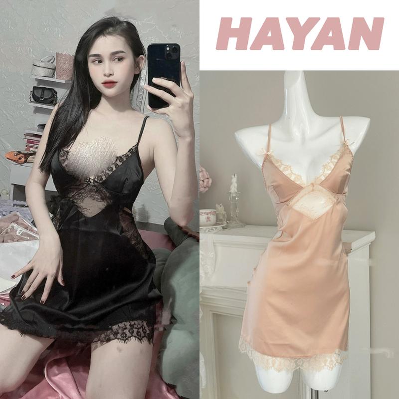 HT95 Váy ngủ sexy phối ren xẻ V1 gợi cảm kèm ĐỆM LÓT, đồ ngủ lụa xoè nhẹ tôn dáng