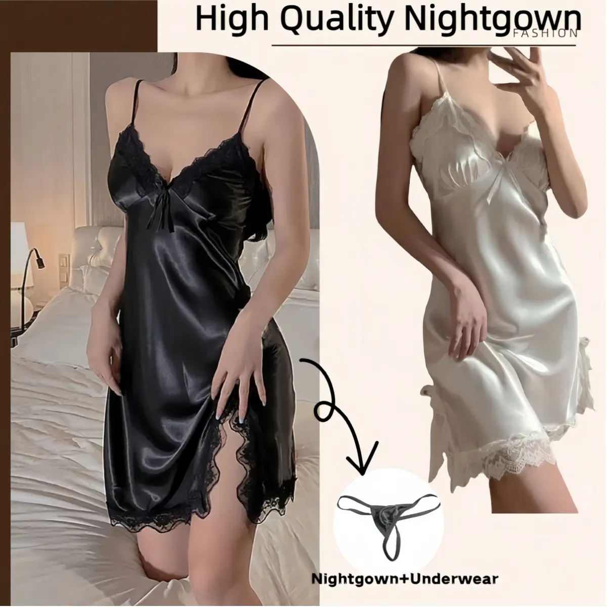7Colors 1set Nighties Sleepwear For Women Lace Temptation Black Pajamas Advanced Fashion Ice Silk Tops  Comfortable Removable Chest Cushion V-neck Sleepwear