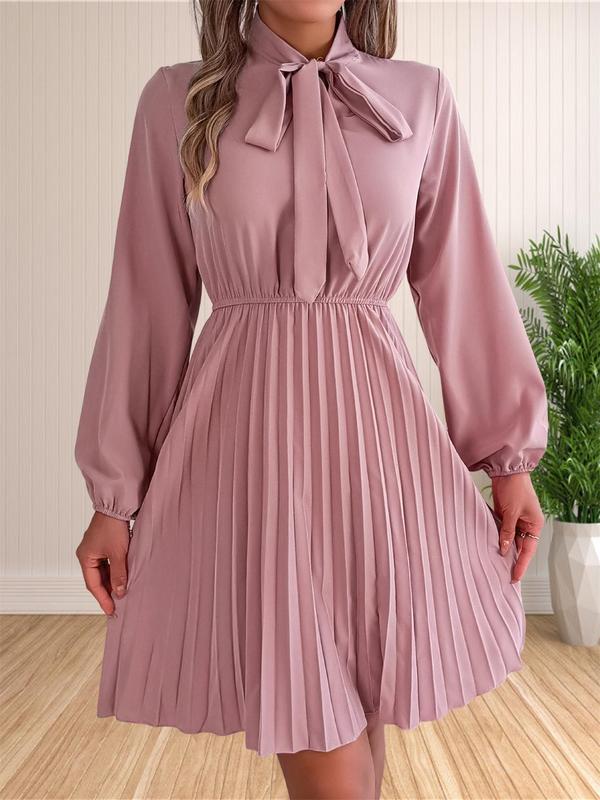 Women's Plain Knot Front Pleated A Line Long Sleeve  Dress, Elegant Bishop Sleeve Tie Neck Short Dress for Fall & Winter, Women's Clothing for Daily Wear 3