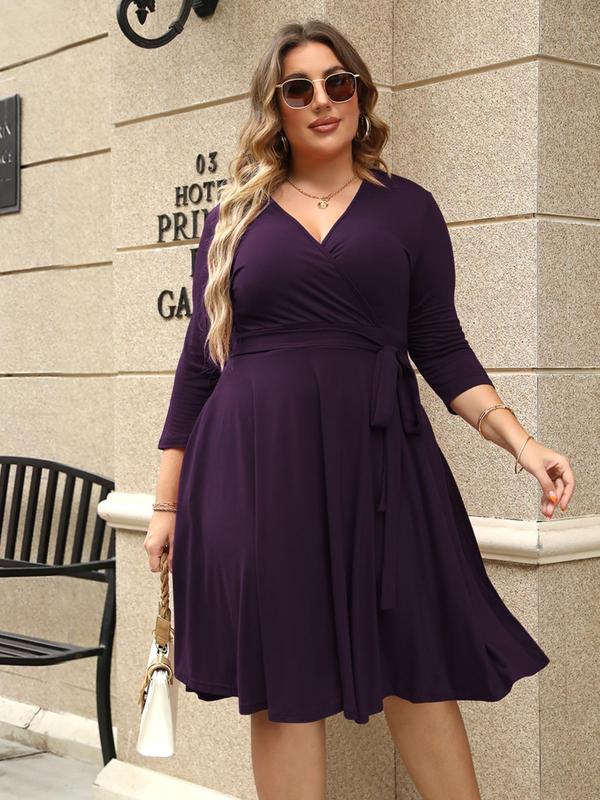 【Plus Size】Trendy Plain Wrap V Neck Belted A Line Plus Size Dress, Women's 3/4 Length Sleeve Solid Dress, Summer Dresses, Womenswear 0