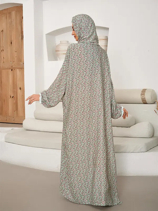 Women's Ditsy Floral Print Contrast Lace Prayer Dress with Integrated Hijab, Modest Elegant Batwing Sleeve Kaftan for Daily Wear, Ladies Islamic Clothing for All Seasons 1