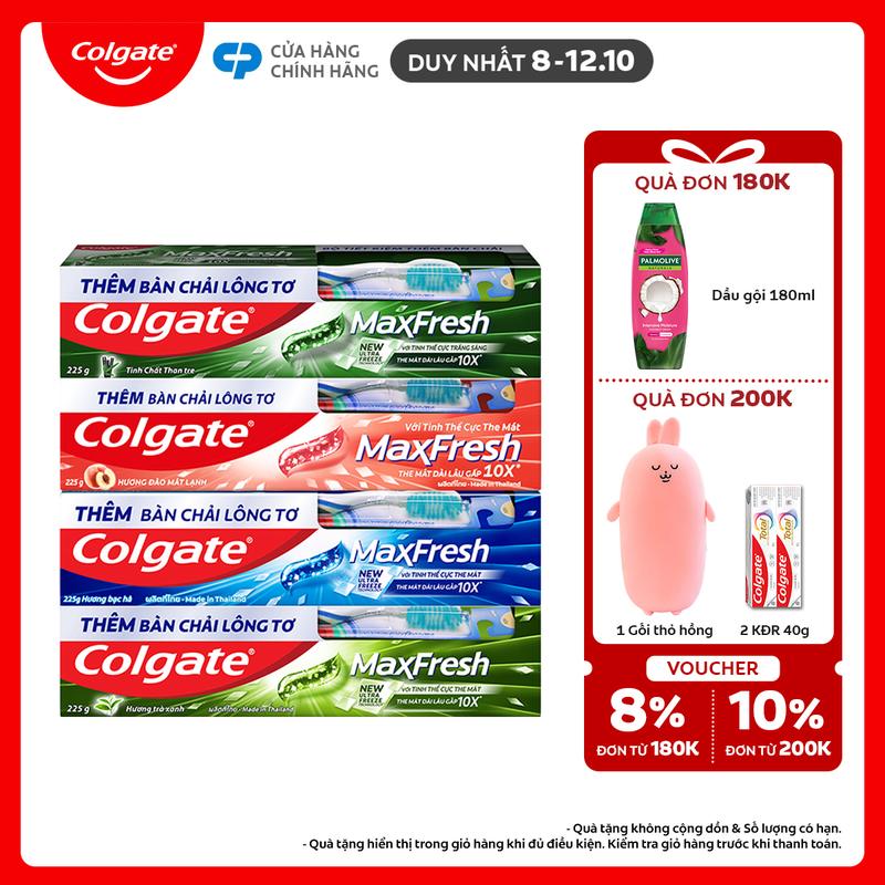 [Duy nhất 8-12.10] [Tặng bàn chải đánh răng lông mềm] Bộ sưu tập đủ 4 vị kem đánh răng Colgate Maxfresh 225g/ tuýp
