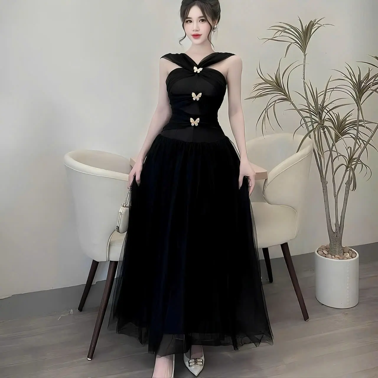 Đầm tapta phối lưới dạ hội có mút trễ vai đính phụ kiện sang chảnh tôn dáng cho nàng Nữ Women Dress