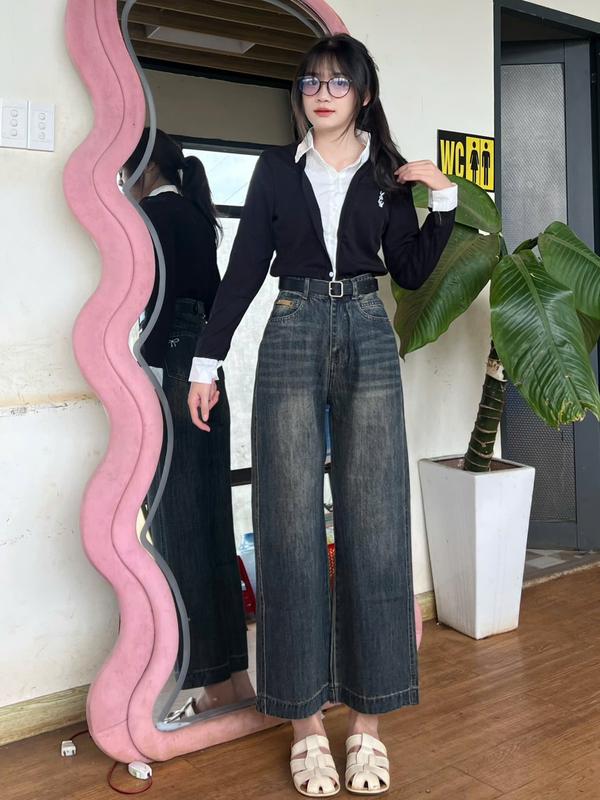 Quần bò nữ ống rộng thêu nơ nhỏ túi sau, chất vải mềm mại không co giãn ống suông Women's Jeans 6