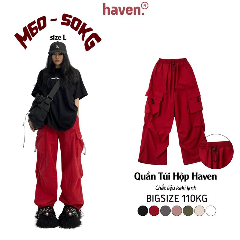 Quần túi hộp ống rộng nữ Haven kaki cotton, dây rút jogger bigsize, màu đỏ, đen, trắng, xám, be Sport Thể Dục
