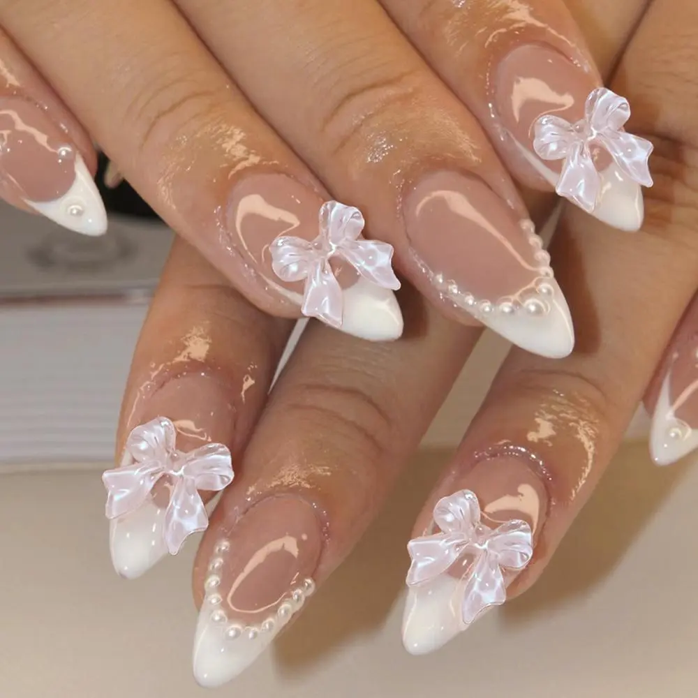 Bow & Faux Pearl Decor French Style Fake Nail, 24pcs Fashion Colorblock Almond Press on Nails  & 1 Sheet Tape & 1 Count Nail File & 1 Count Stick for Women & Girls DIY Nail Art, Valentine's Day Gift