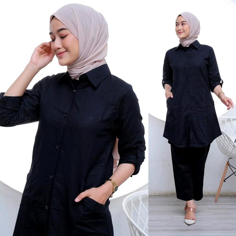 Tuni Polos Katun Linen Adem  Model Kekinian Kancing Nyaman Panjang Muslim tunik oversize 5