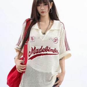 American Style Turn-down Collar Hollow T-shirt Knitted Short Sleeve 2025 Printed Summer Vintage Sports Loose Top