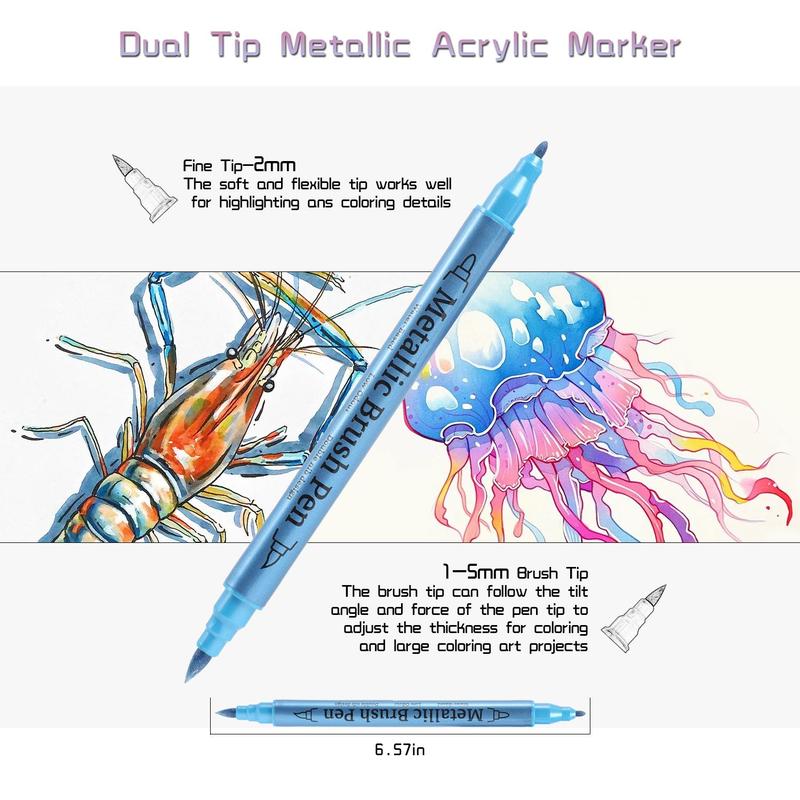Product Introduction of Metallic Paint Marker Pen, 12/24/36pcs Dual Tips Metallic Paint Marker Pen Set, Fine Marker Pen for Rock Wood Ceramic Canvas DIY Painting Drawing, Art Supplies 7