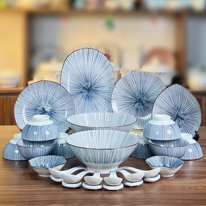 (Full Option) Bát Đĩa Chén Dĩa Senno Gốm Sứ Cao Cấp Họa Tiết Mandala Kẻ Sọc Xanh Phong Cách Nhật Bản – An Toàn Và Thân Thiện Với Môi Trường