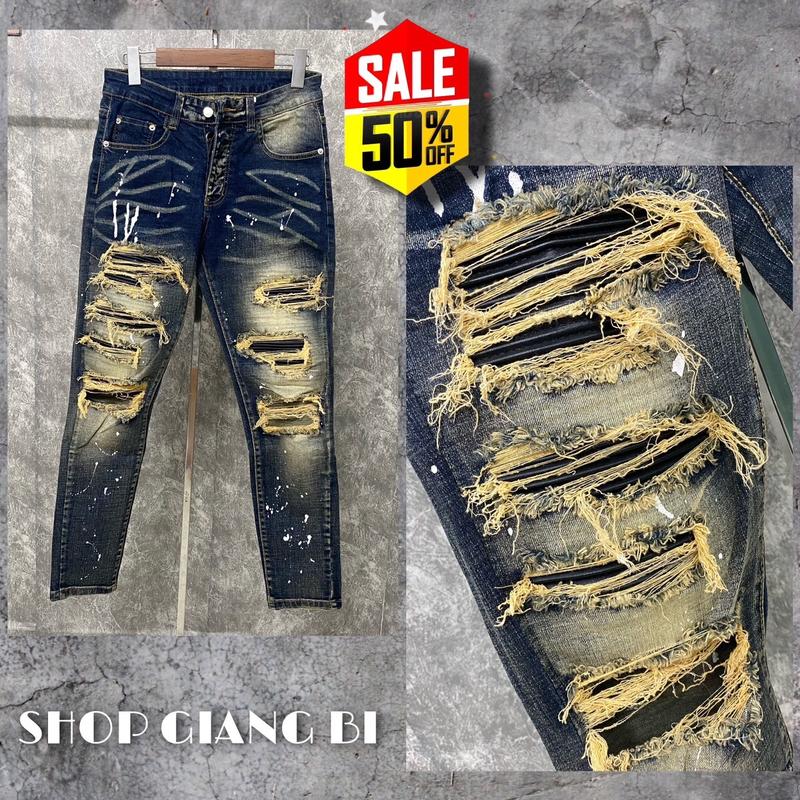 Quần jean vá nhăn rách xù chấm sơn trắng CL 6785 Menswear Nam Pants Có Túi