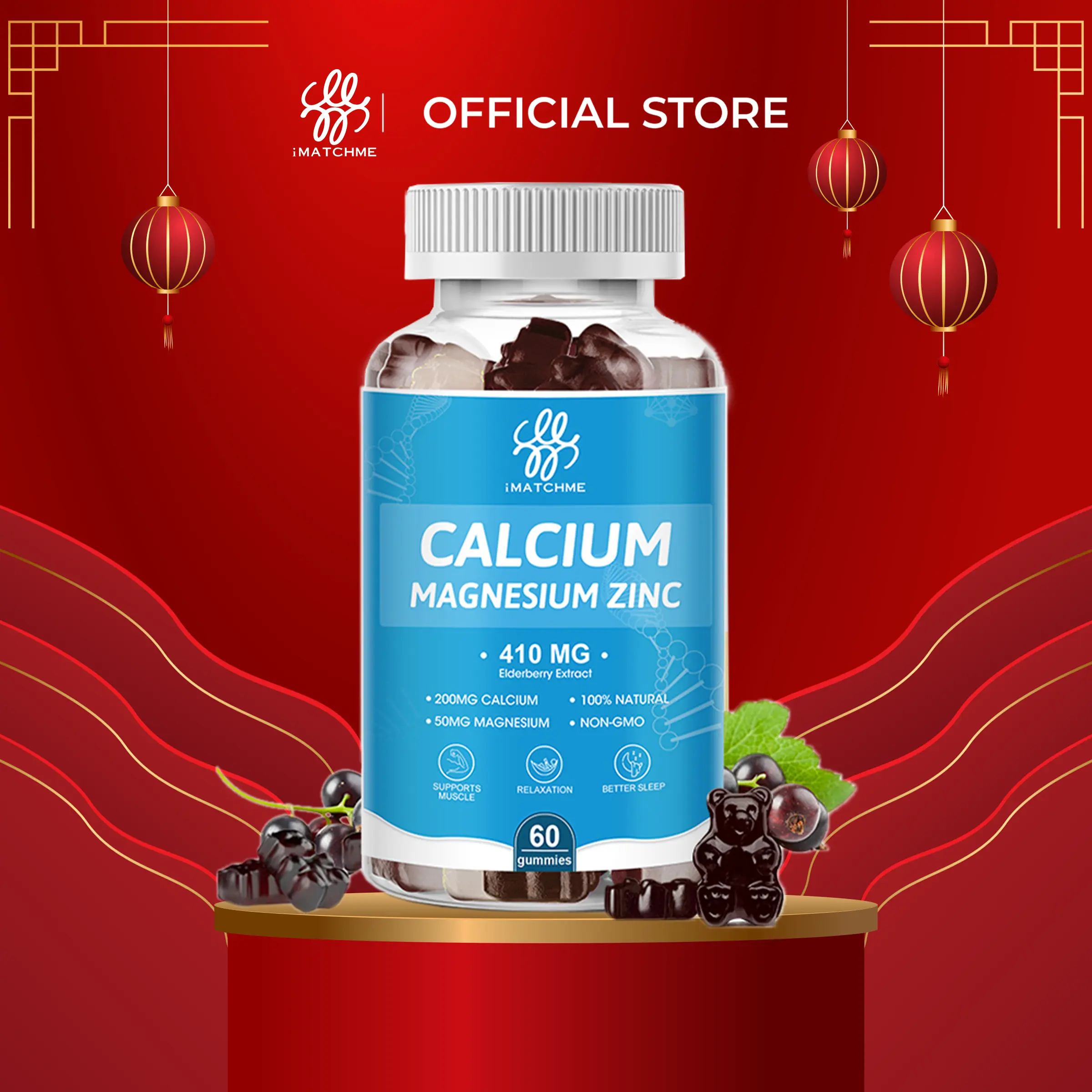 Kẹo dẻo iMATCHME Calcium Magnesium Zinc 410mg with Elderberry hỗ trợ sức khỏe tinh thần và cơ bắp thoải mái tâm trạng và tăng cường hệ miễn dịch.