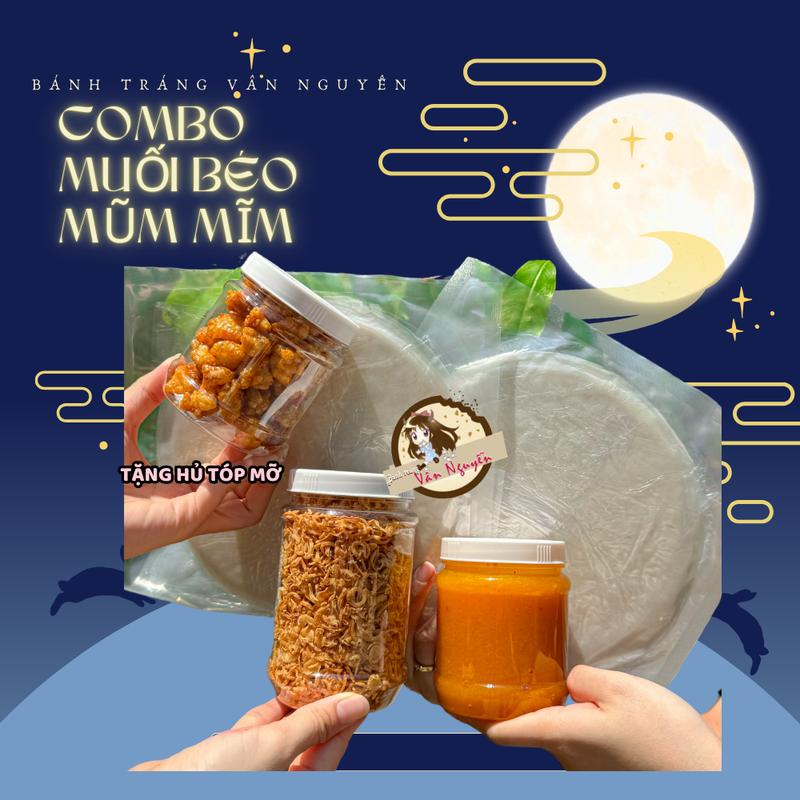 Combo bánh tráng MUỐI BÉO MŨM MĨM. Bánh Táng Vân Nguyễn 2 Bánh tráng phơi sương, 1 hủ muối béo, 1 hủ hành phi TẶNG 1 TÓP MỠ 100GR Snack Ăn Vặt Food