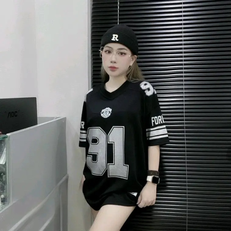 SR1A - Áo thun cổ tim form rộng số 91  Nữ Women Top Cotton