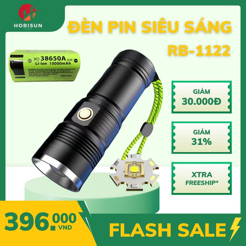 Đèn Pin Siêu Sáng cầm tay RB 1122 pin trâu mAh, chiếu xa 600-1000m có ZOOM xa gần, chống nước, sạc ngược cho điện thoại, vỏ hợp kim nhôm chạy bằng pin đèn di động thông minh, đèn siêu sáng 12000000w